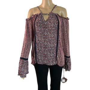 Knox Rose Womens Size Small Cold shoulder Blouse Long Bell Sleeves Burgundy NEW